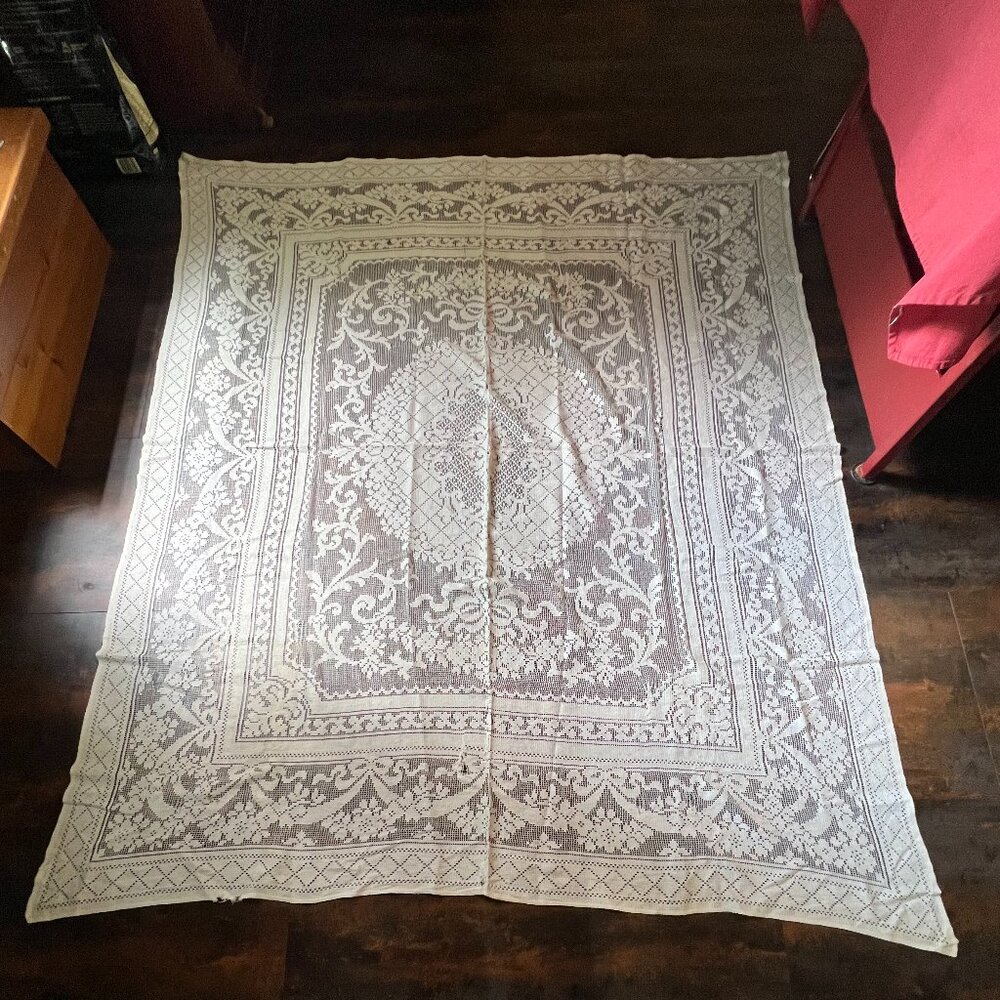 Vintage White Eyelet Tablecloth, 79.5" x 68"